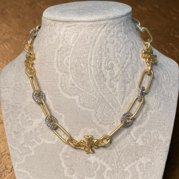 🆕 TORY BURCH • Gold Roxanne Chain Crystal Logo Necklace Includes Jewelry Bag - Picture 8 of 10